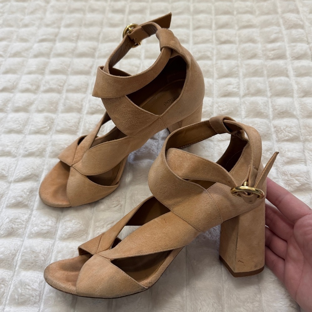 Chloe 36.5 Peach Neutral Graphic Leaves High Block Heel Open Toe Sandals US 6.5